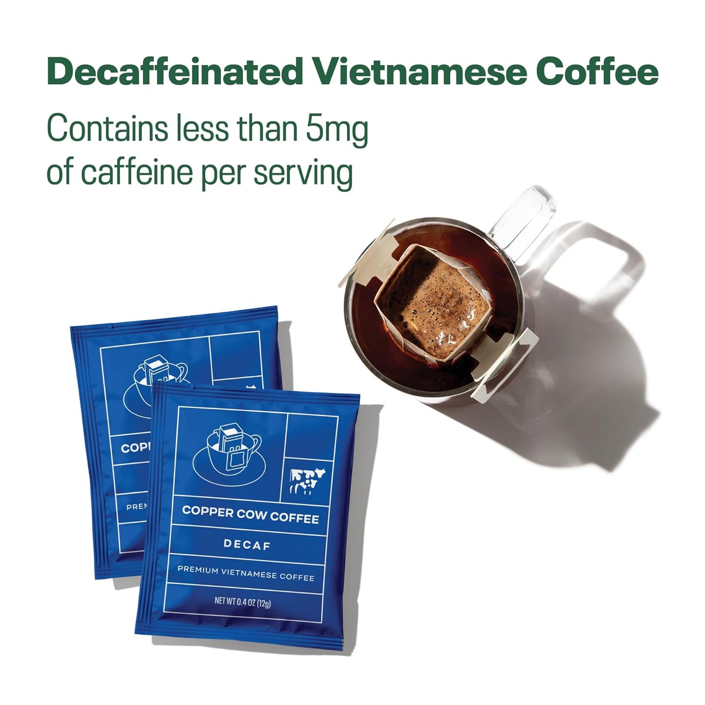 Copper Cow Coffee Pour Over Single-Serve Vietnamese Coffee Pouches (8 pack) | Decaf | Dark Roast | Convenient Vietnamese Ground Coffee Packets