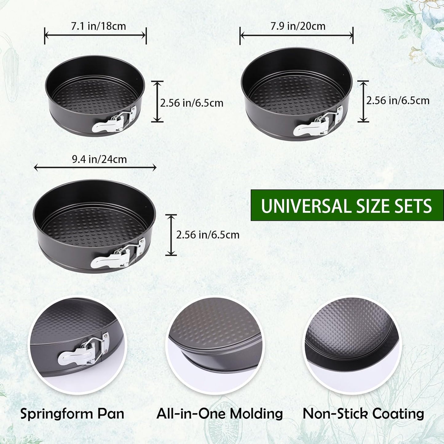 Springform Pan, Nonstick Cake Pan, Round cheesecake pan with leak-proof non-stick bottom removable bakeware.3 pieces 3 sizes, 7" 8" 9" for Cakes, Cheesecakes, Pizzas and Quiches.