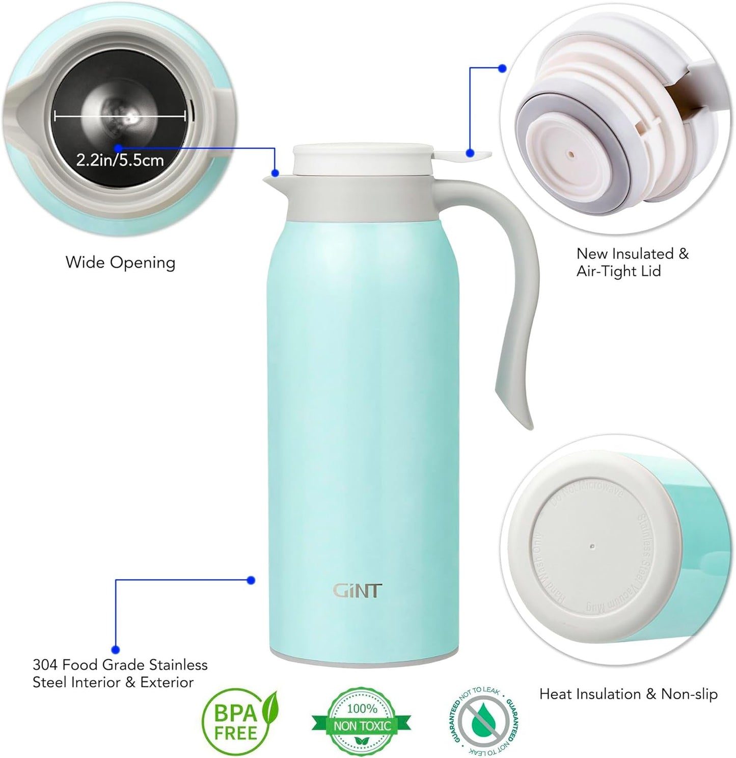 GiNT 51 Oz Stainless Steel Thermal Coffee Carafe, Double Walled Vacuum Insulated Flask, 12 Hour Heat Retention, 1.5 Liter Tea, Water, and Coffee Dispenser (Upgraded version Blue)