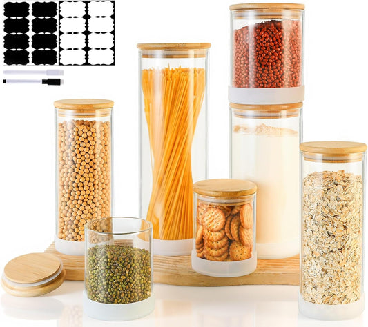 Glass Storage Containers with Bamboo Lids – 7 Pack Airtight Clear Glass Jars in Mixed Sizes (17oz/25oz/34oz/53oz/73oz) for Pantry Organization, Kitchen Dry Food, Coffee, Flour, Pasta & Snacks
