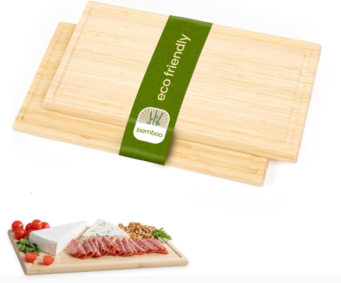 DECOMIL-Bamboo Wood Cutting Board Set of 2, Wood Serving Board, 15.25 x 8.25 Inch Chopping Boards for Charcuterie, Vegetables, Meat, for DIY projects