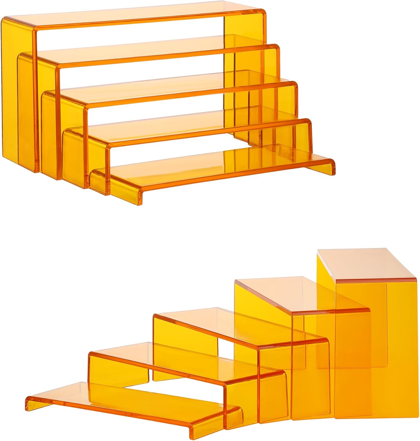 Goabroa Acrylic Display Risers, 2 Sets 5 Tier Rectangular Risers Display Stands, Acrylic Display Shelves for Figures, Cupcake, Perfume Display, Transparent Orange