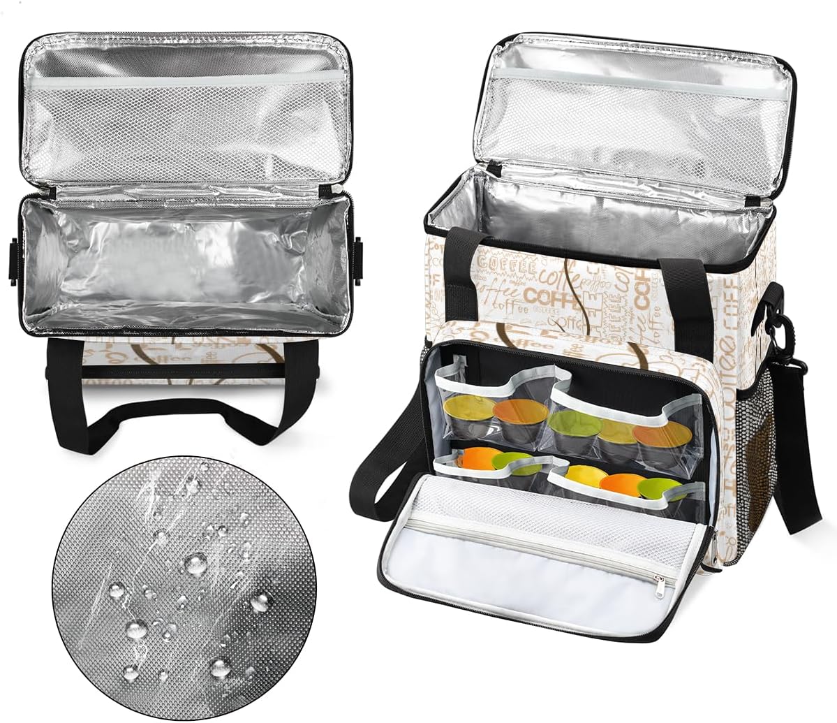 Coffee Cup Coffee Maker Carring Bag Coffee Texts Travel Carrying Storage Tote Bag Compatible with Keurig K-Mini or K-Mini Plus Portable Single Serve Coffee Brewer Case with Pockets for K-cup Pods