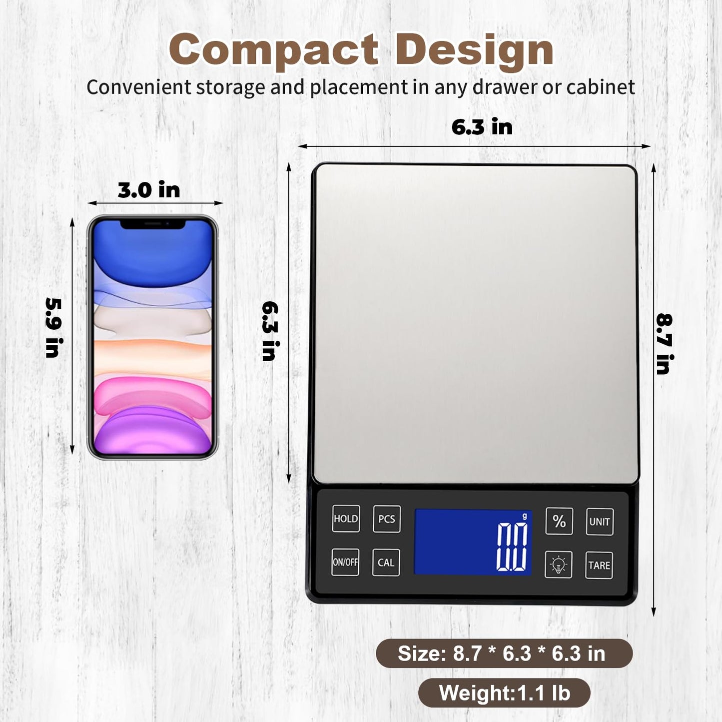 Digital Kitchen Scale with 0.1g/0.001oz High Precision, 5kg/11lb Food Bakery Scale with% Percentage Function, Tare Function, USB Rechargeable or AAA Battery Power, Stainless Steel Pan