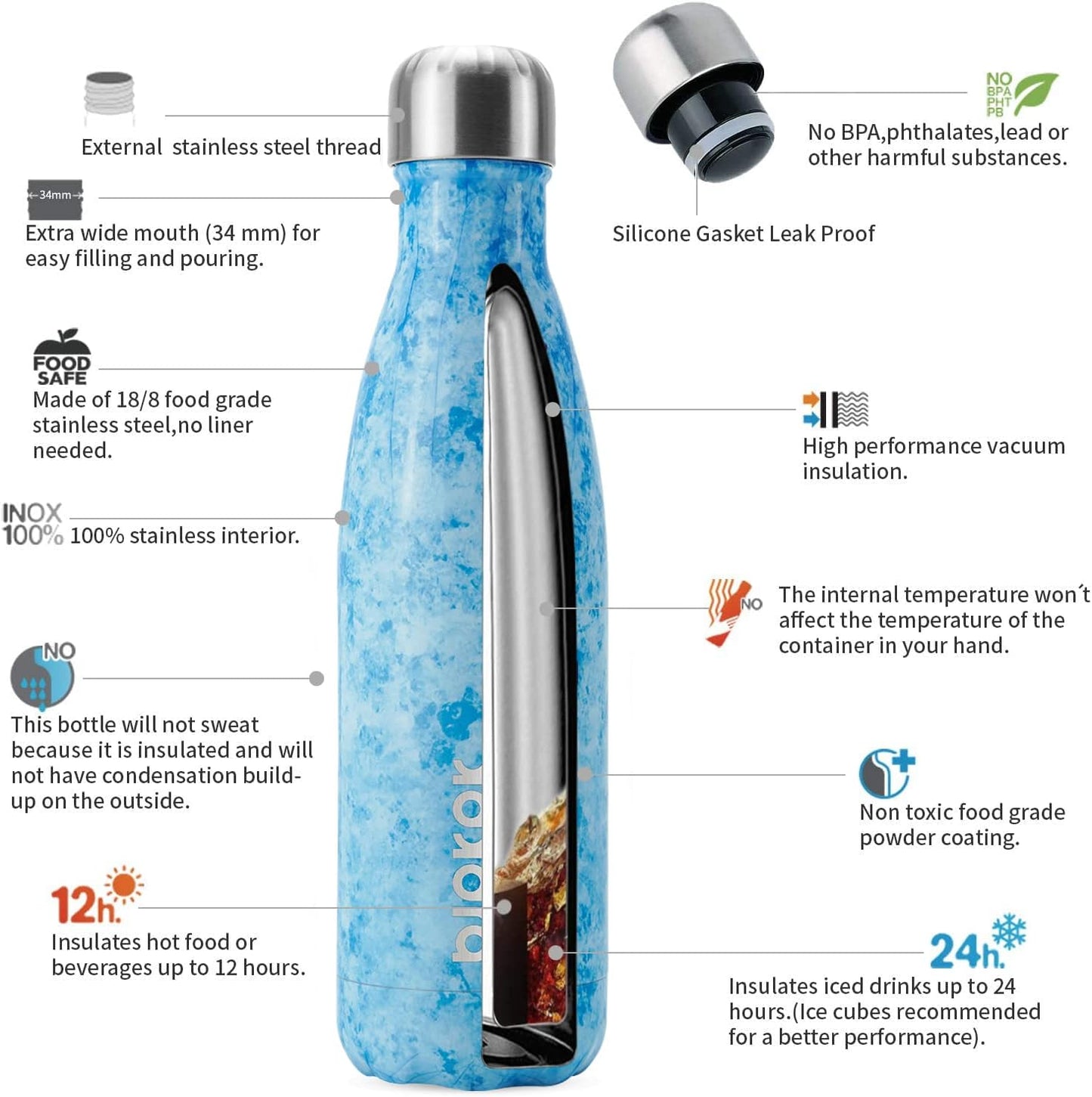 BJPKPK 17oz Insulated Stainless Steel Water Bottles,Sports Water Bottles Keep Cold 24 Hours and Hot 12 Hours,Ice Blue