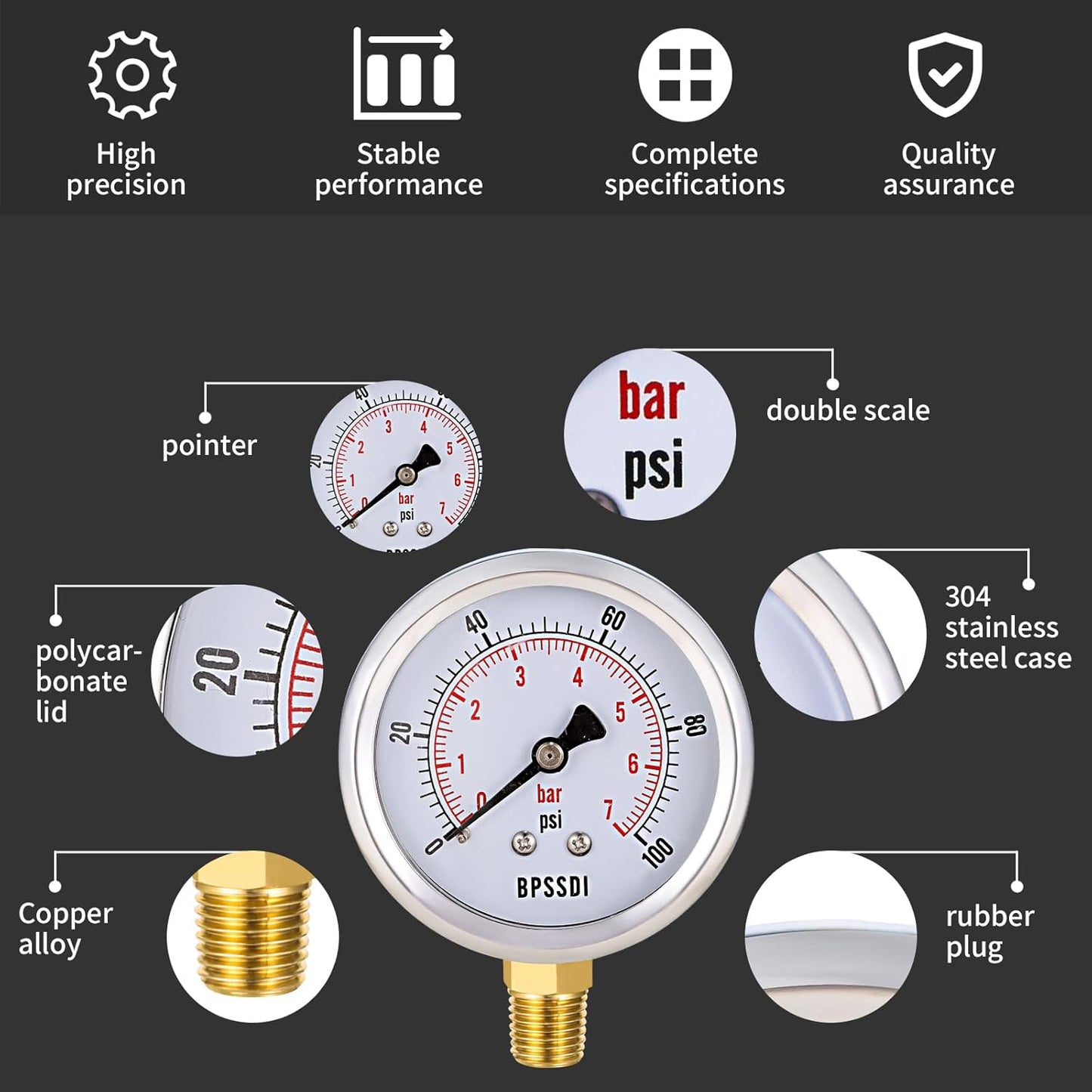 0-100 Psi Low Pressure Gauge, 2.5" Dial Size, 1/4" NPT Lower Mount, 304 Stainless Steel Case, Water Pressure Gauge Test for Water Pump, Pneumatic Air, RV Hose(with Tape)