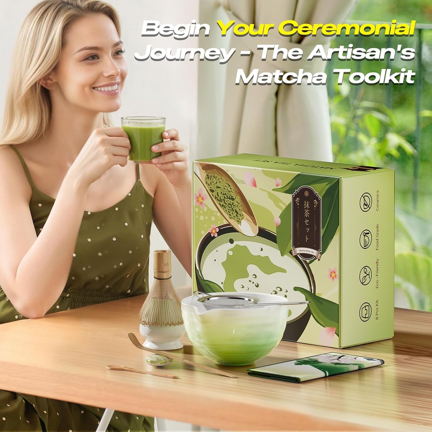 Matcha Whisk Set - 8 Pcs Tea Set with Bamboo Whisk and Holder, Ceramic Bowl, Bamboo Scoop and Spoon,Scoop Rest, Sifter & Tea Towel, Japanese Home Matcha Kit for Authentic Ceremony (Green)