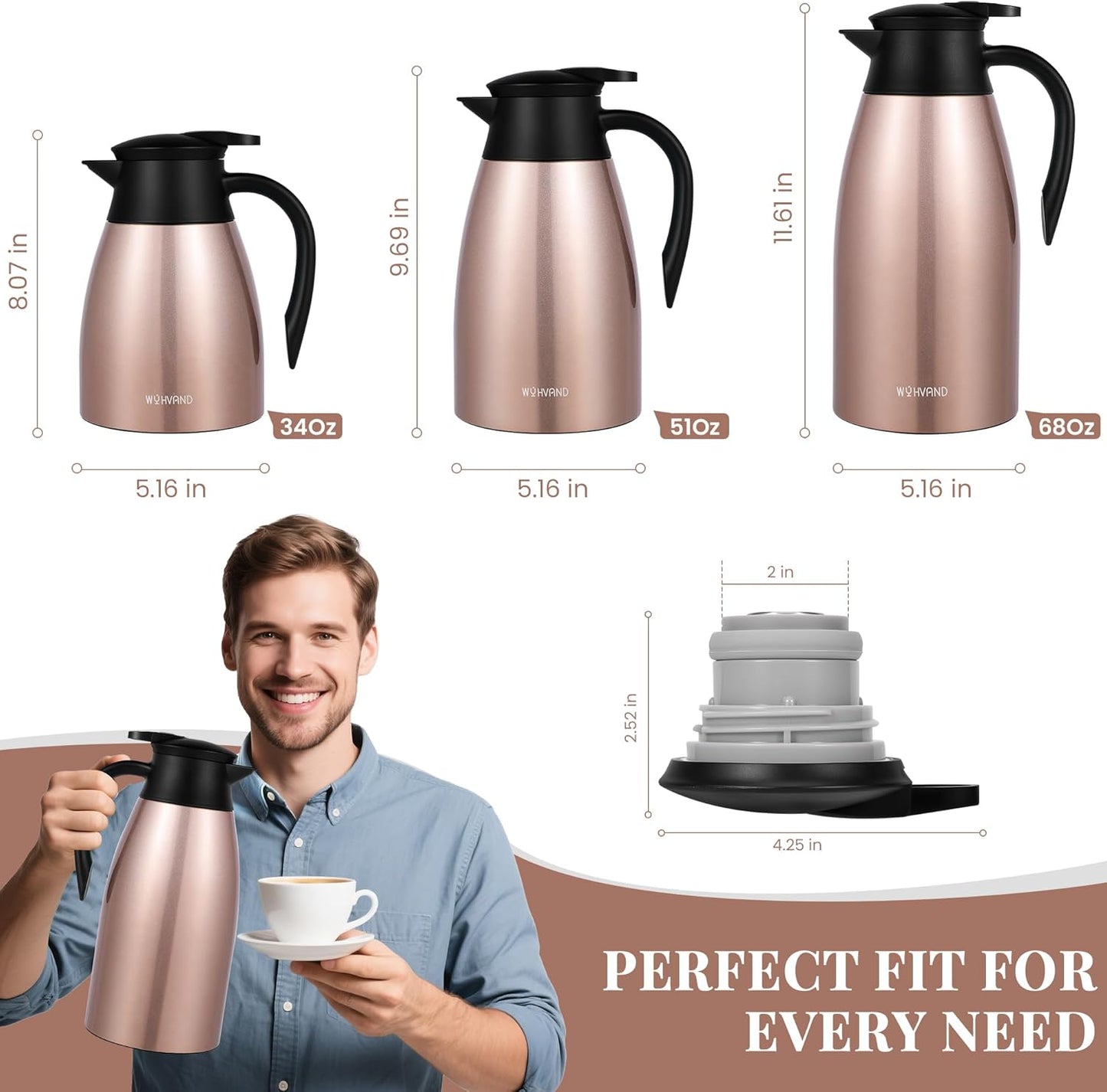 68 Oz Thermal Coffee Carafe, Stainless Steel Insulated Vacuum coffee crafts to keep coffee hot, 2 Liter Tea Water Coffee and Beverage Dispenser (Copper)