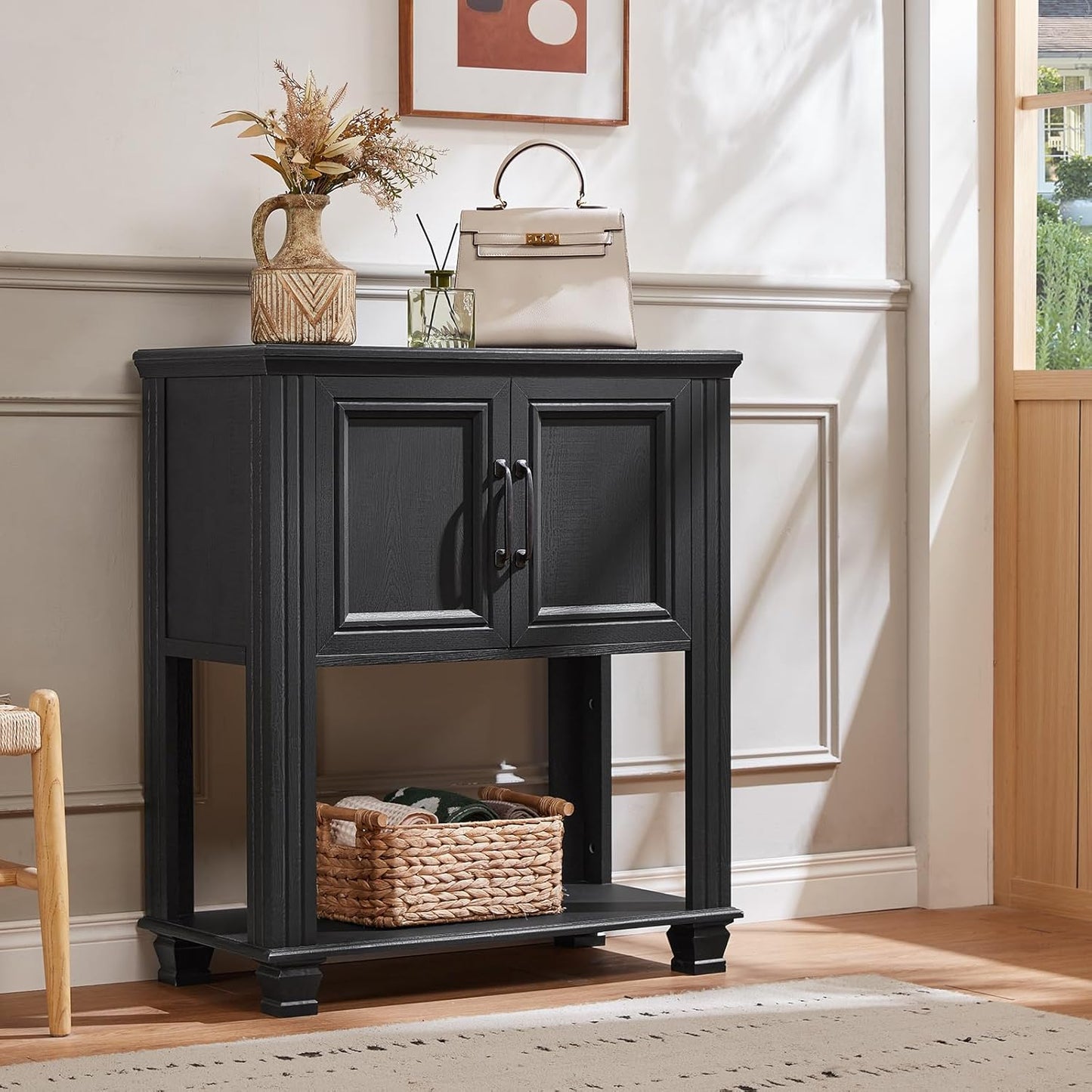 Farmhouse Coffee Bar Station with 2-Door Cabinet, Small Kitchen Cabinet with Open Lower Shelf, Entryway Table with Storage for Dining Room, Kitchen, Hallway, Living Room, Black