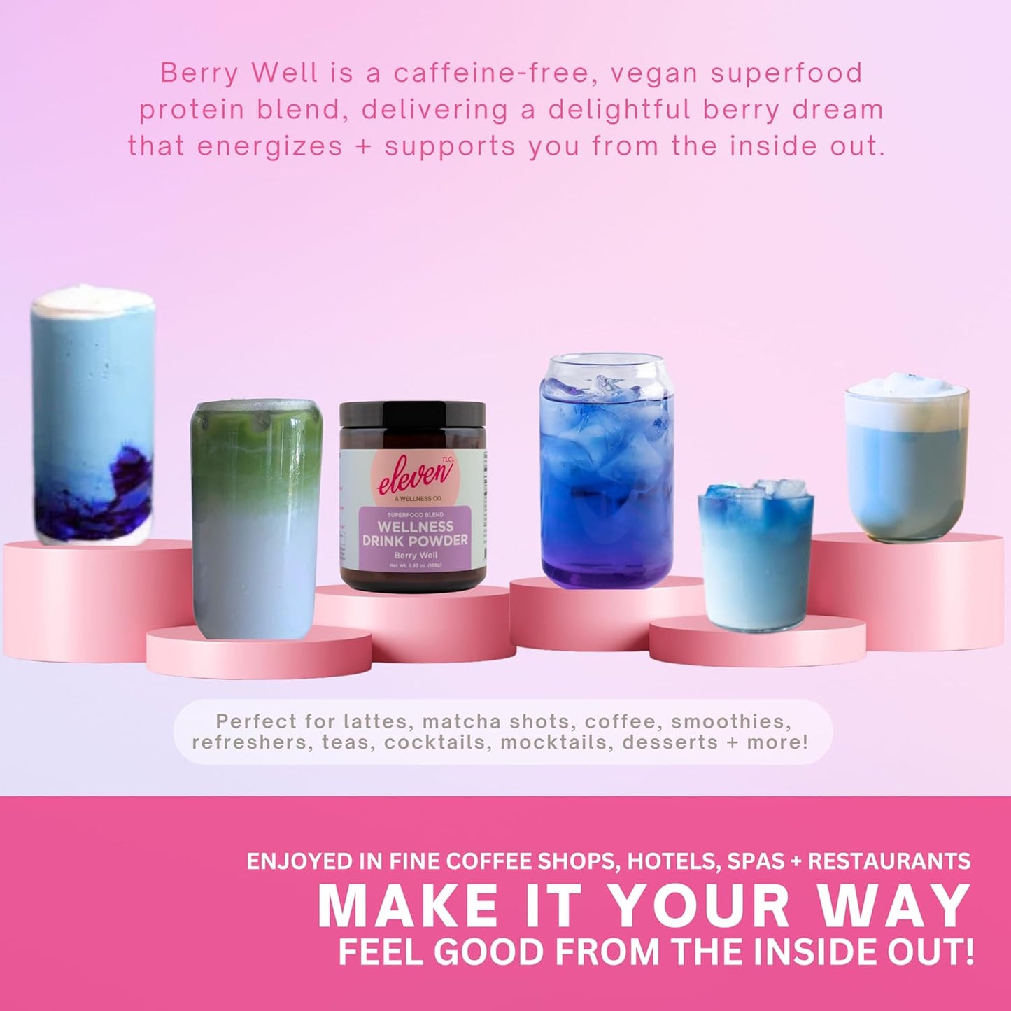 Eleven TLC, Berry Well Superfood Wellness Drink Latte + Mix, Caffeine-Free, or Herbal Tea, Blue Spirulina, Blue Butterfly Pea Flower, Organic Maca, Keto Friendly, Vegan, 63 Servings