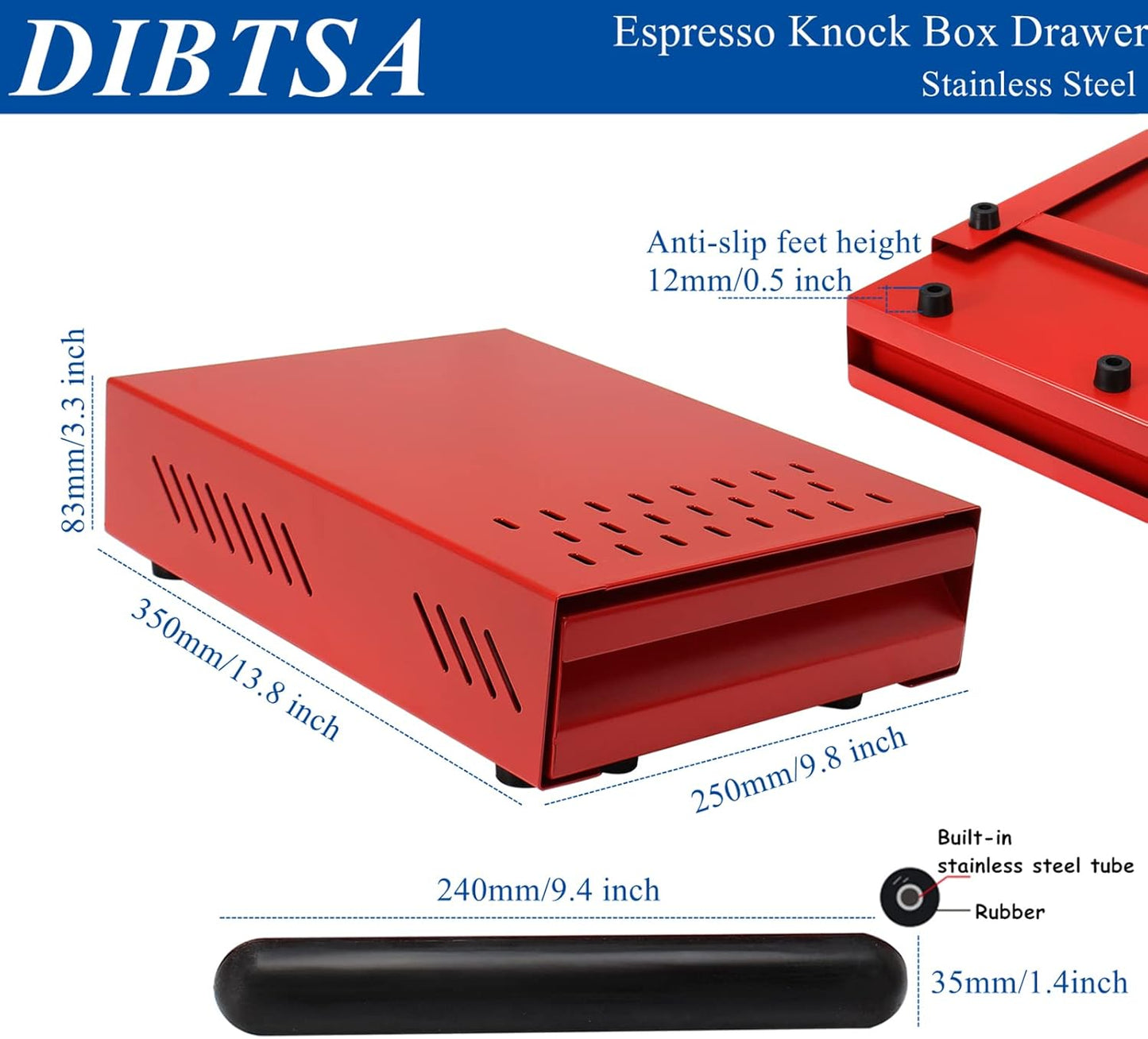 Espresso Coffee Knock Box Drawer, Stainless Steel High Bearing Capacity For Home and Commercial Use,Middle Size 13.77 x 9.84 x 3.54 inch (Red)