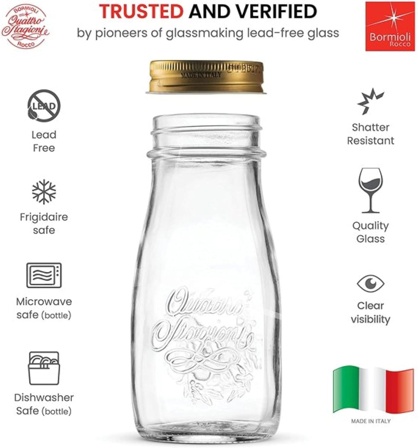Bormioli Rocco Quattro Stagioni Bottles, Set of 6-13.5 Oz. Clear Glass with Twist Lids for Food Preserving, Beverage Serving, Homemade Gifts, Sauces & Infused Drinks - Airtight, Made in Italy
