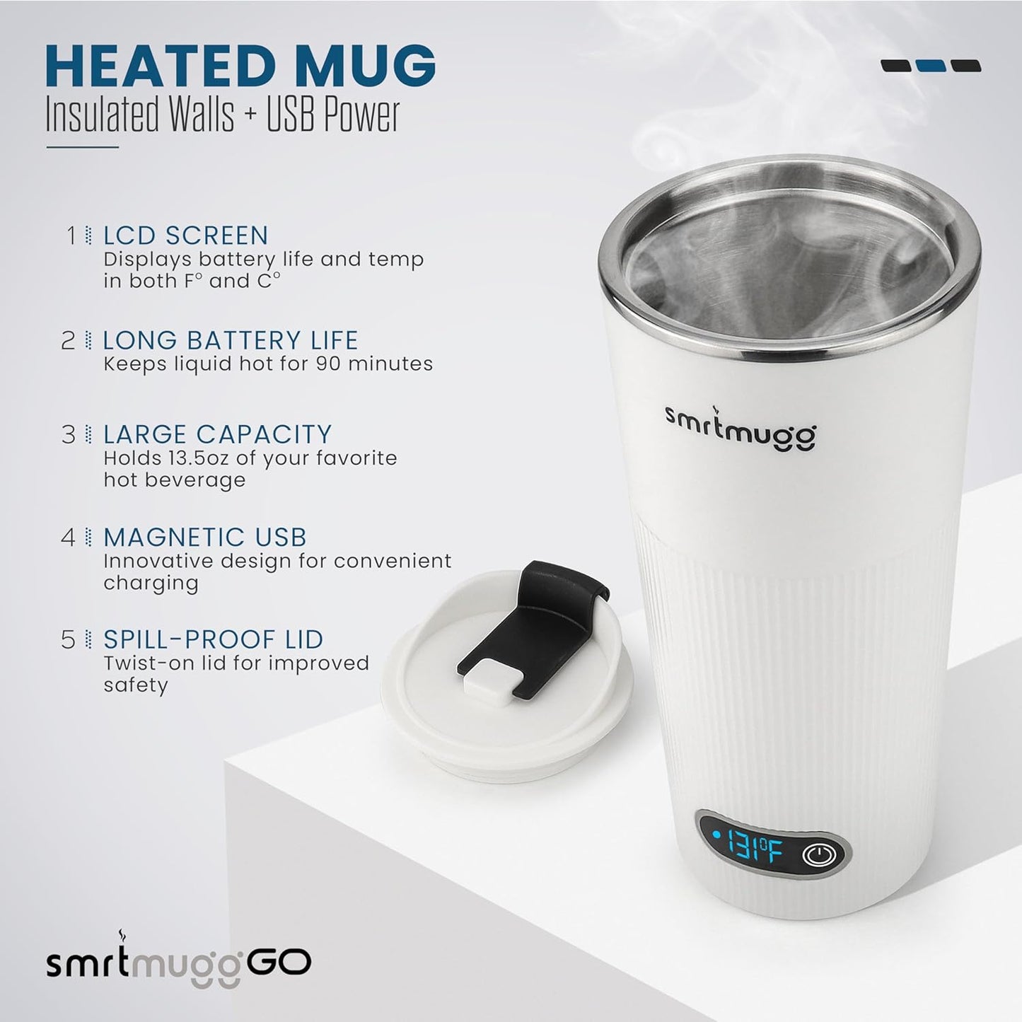 GO Heated Coffee Mug, Travel Mug, 13.5 OZ. Smart Mug, Battery Powered Heated Coffee Mug, Great for Coffee and Tea, Snap on Magnetic Charging Cord, New and Improved (White)