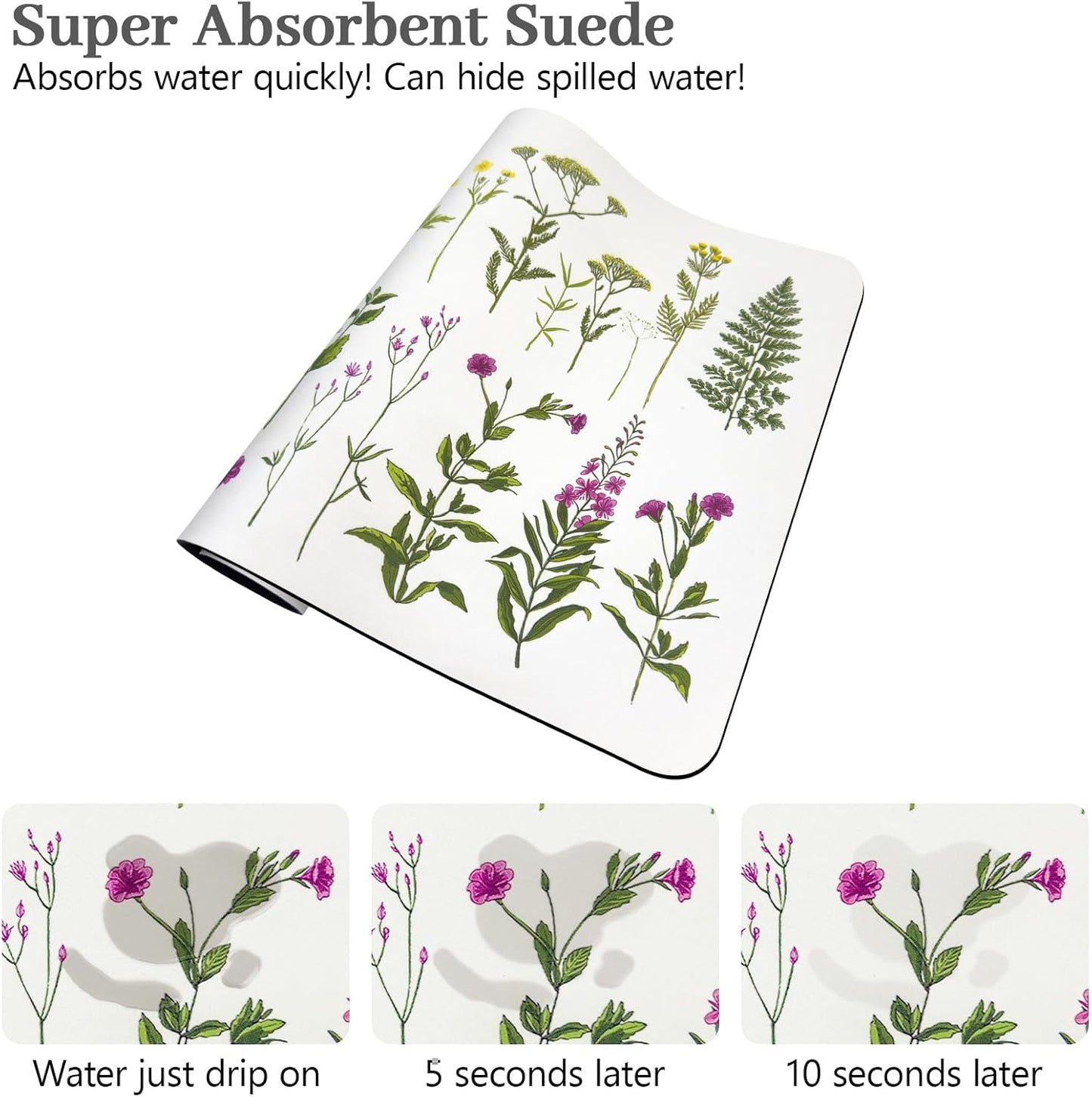 Bloss Kitchen Mat, Coffee Mat 12"x19", Coffee Bar/Maker Mat, Kitchen Counter Mats, Absorbent Hide Stain Rubber Backed Dish Drying Pad(, Flowers and Leaves)