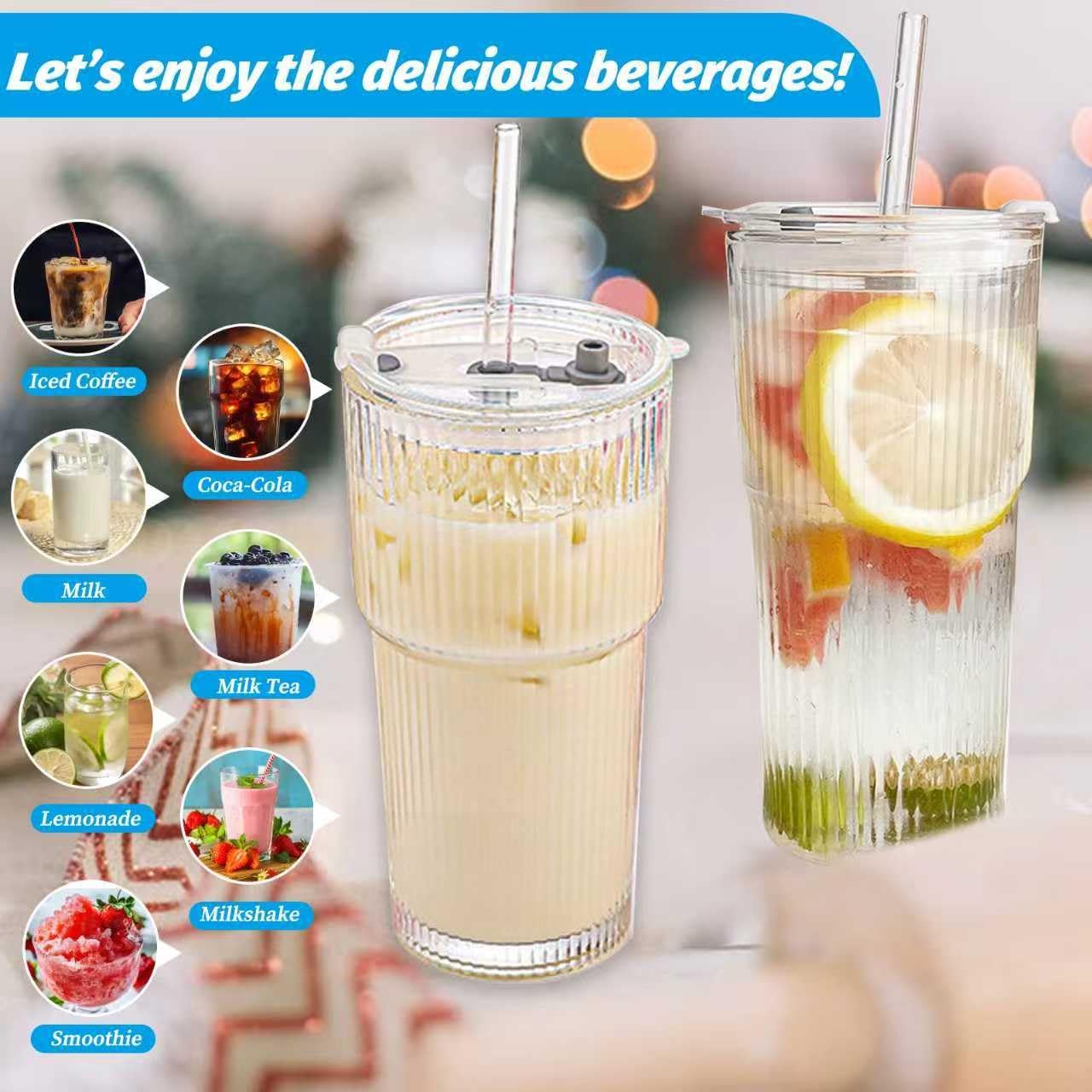 20 oz Glass Tumbler with Lid and Straw, 2 Pack Clear Ribbed Iced Coffee Cup, High Borosilicate Glass Tumbler, Reusable Vintage Glassware for Iced Coffee, Smoothies, Cocktails, and Juices