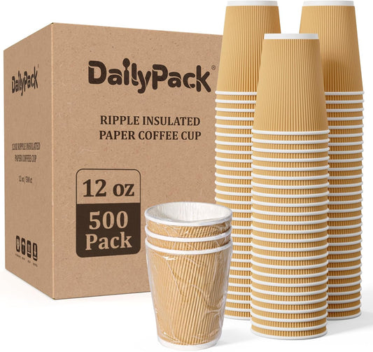 500 Pack 12 oz Paper Coffee Cups, Ripple Insulated Paper Cups, Hot Water Cups for Home, Office, Hotel, Meetings, Parties