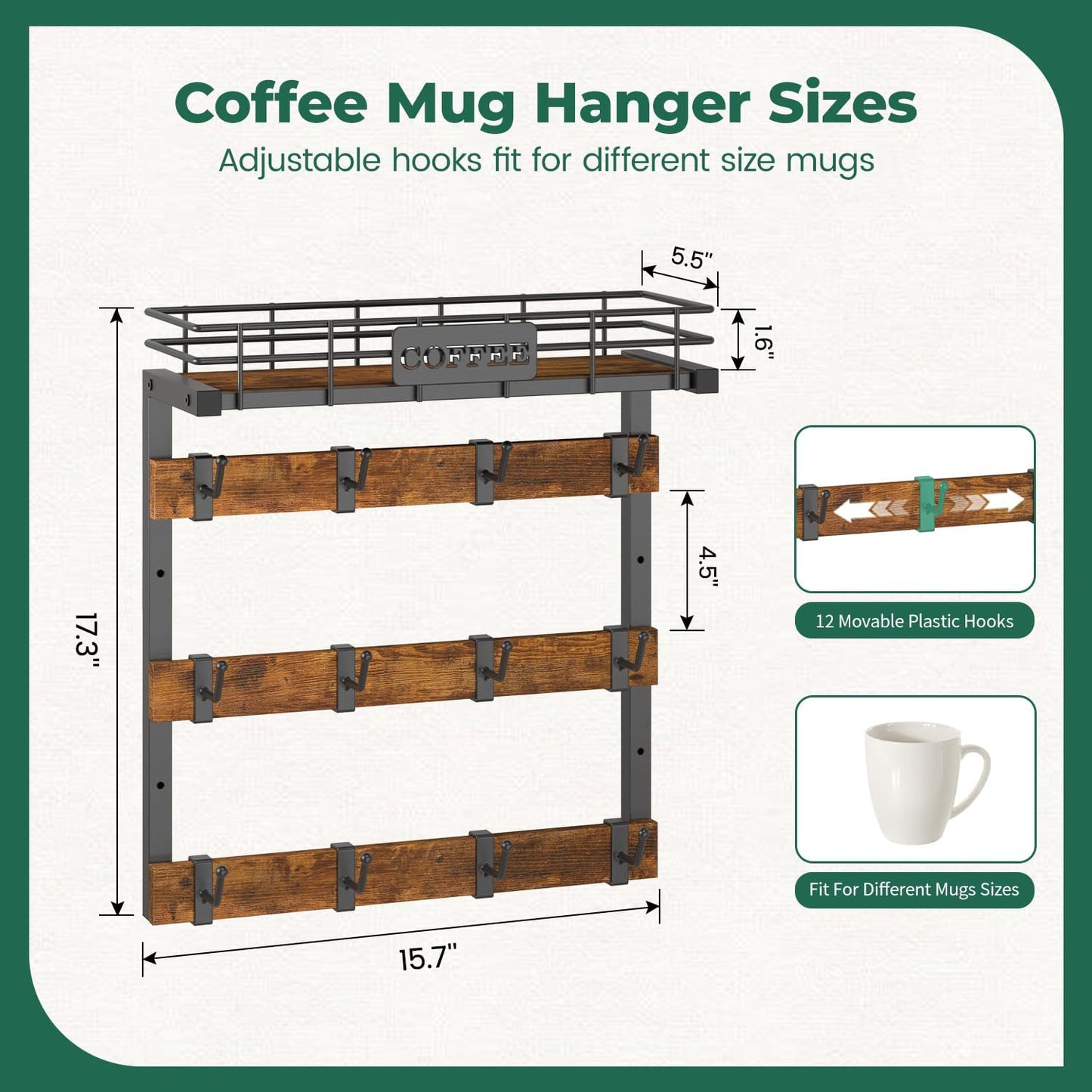 EsLuker.ly Coffee Mug Holder Wall Mounted Display Rack, Black Metal Cup Hanger Organizer with 12 Movable Plastic Hooks, Wood Rustic Shelf for Coffee Bar Home Kitchen, Thoughtful Wall Storage