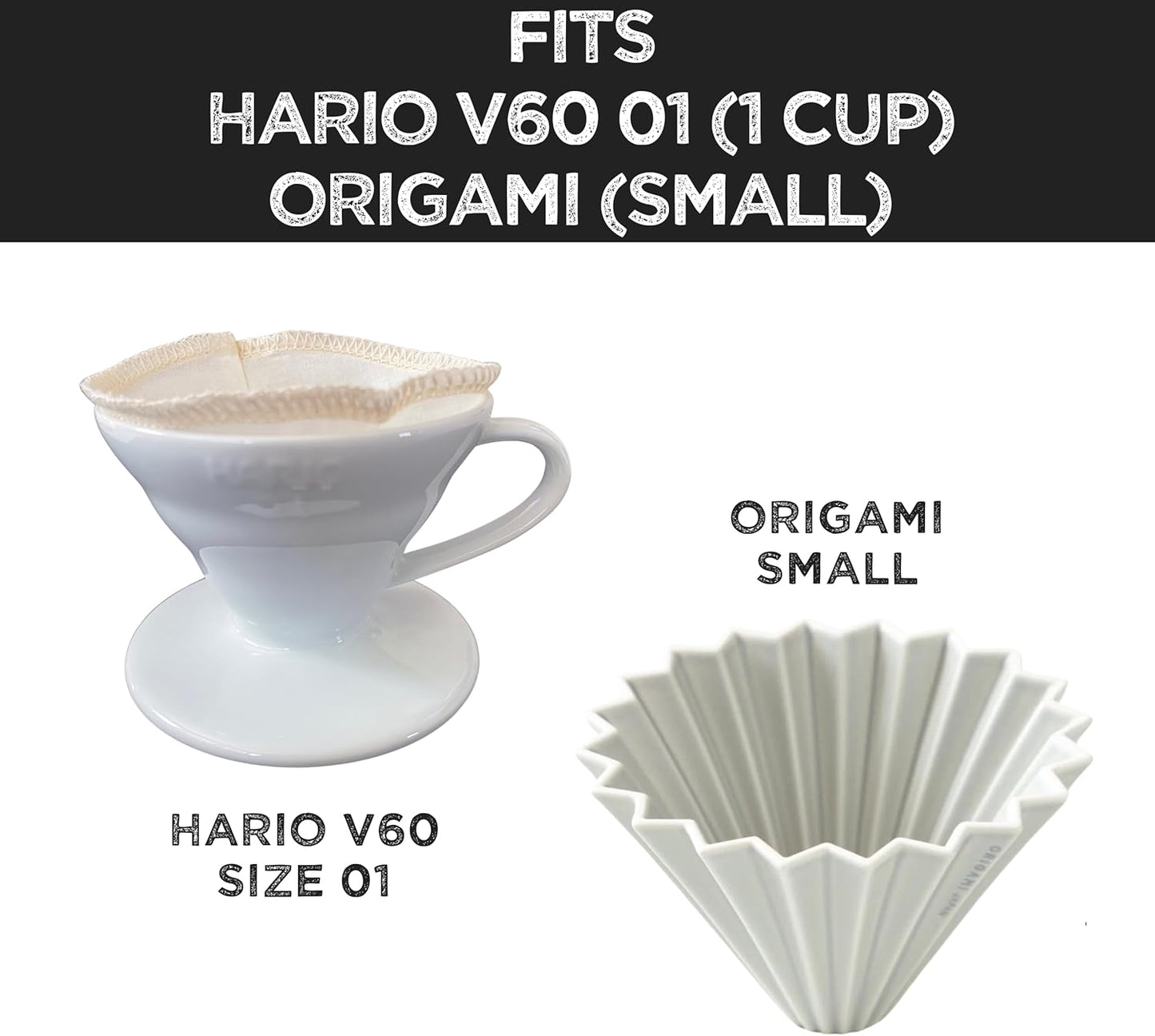 (2-Pack) Reusable Organic Cotton Filters for Hario V60 and Origami Style Pourover Coffee Filters, Ceramic Cup, Glass, Plastic Dripper (Size 01, 1-2 Cups)