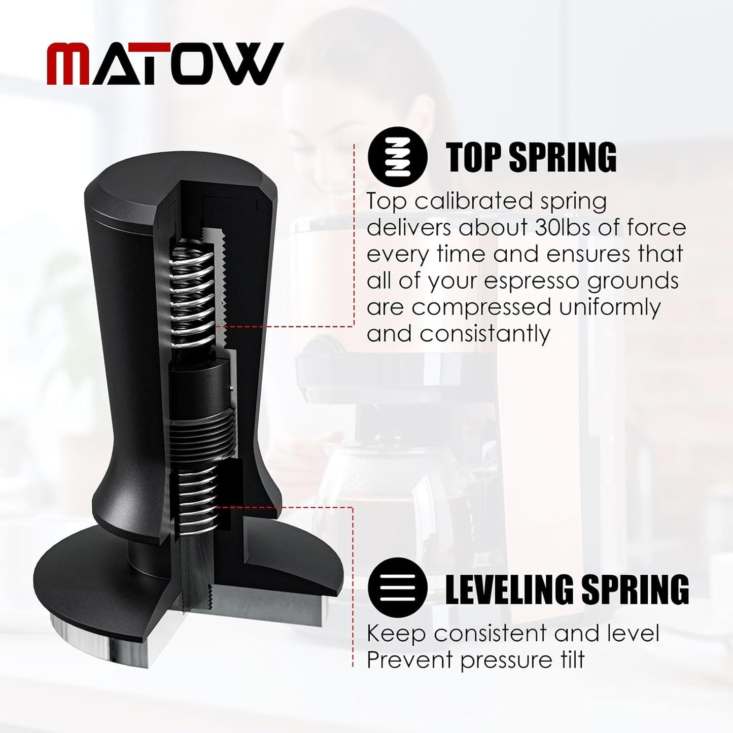 53.3mm Espresso Hand Tamper, MATOW Calibrated Spring Loaded Coffee Tamper with Stainless Steel Flat Base, 30lbs Espresso Tamper with Anodized Aluminum Handle Compatible with Breville 54mm Portafilter
