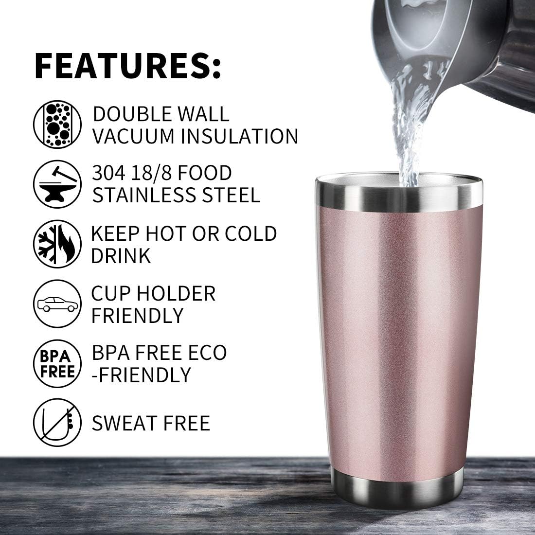 20oz Tumbler Bulk Stainless Steel Vacuum Insulated Tumblers with Lid Double Wall Travel Mug, Powder Coated Coffee Cup, Suitable for Ice Drinks and Hot Beverage (Rose gold 6pack)