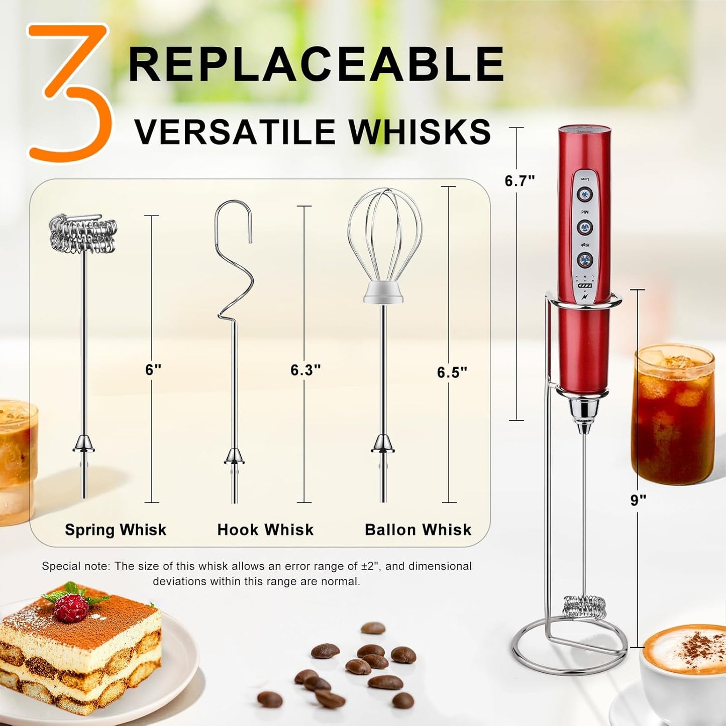 YUSWKO Red Rechargeable Milk Frother for Coffee with Stand, Handheld Drink Mixer with 3 Heads 3 Speeds Electric Stirrers for Latte, Cappuccino, Hot Chocolate, Egg