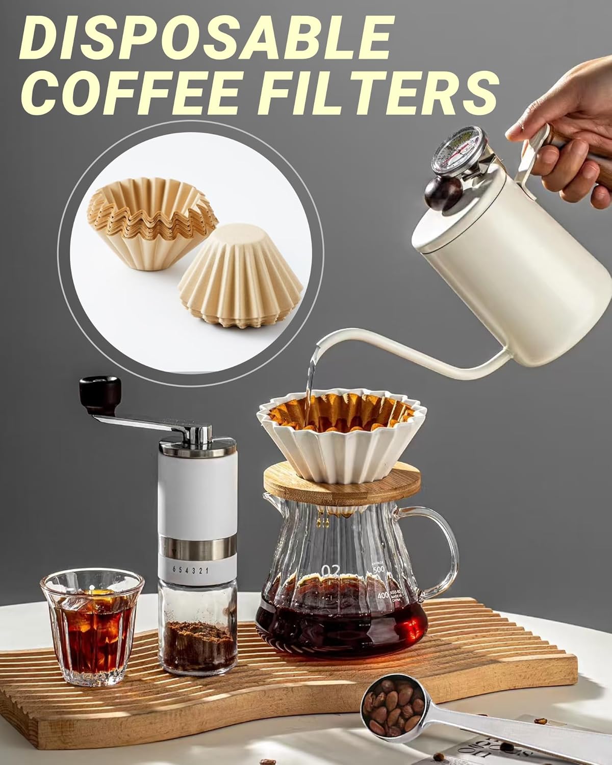 100 Pcs Unbleached Coffee Filters for 1-2 Cup Brewers, Small Disposable Paper Filters - 2-in-1 Stainless Steel Scoop & Clip, Compatible with Single Serve Pots & Travel Makers
