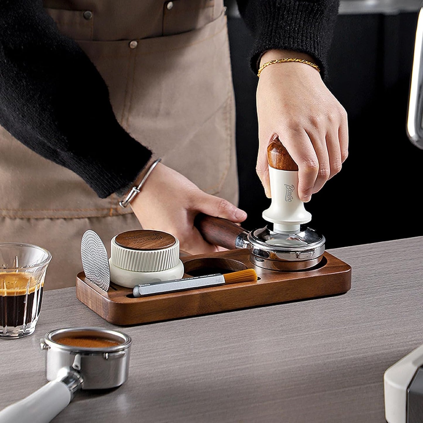 Bincoo 51/53mm Espresso Tamping Station - Sapele Coffee Bar Organizer with Non-Slip Mat, Multi-Slot Design for Counter, Holds Tamper,Distributor, Basket Holder
