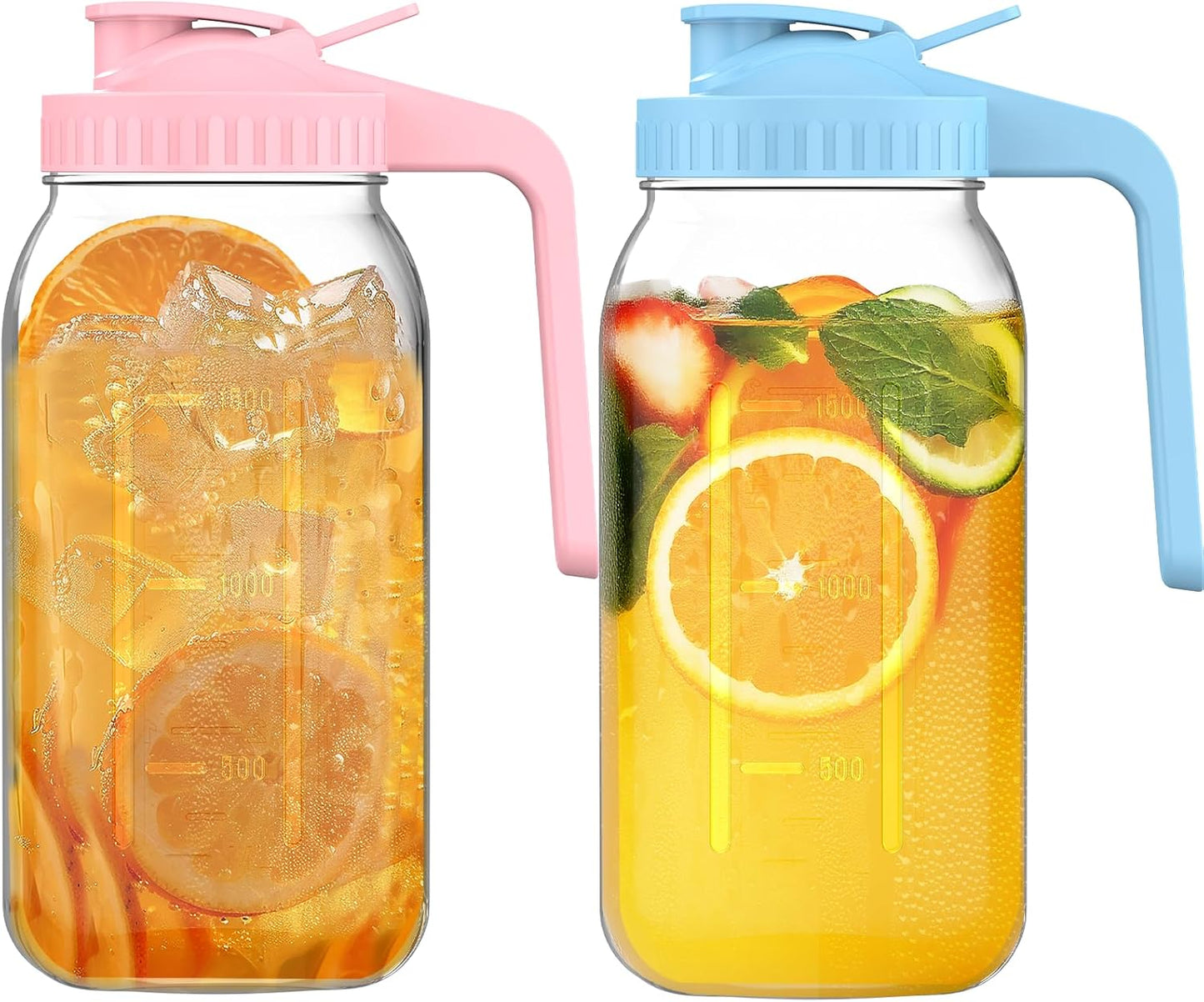 2-Pack 64oz Glass Mason Jar Pitchers with Leak-Proof Lids and Handles – Wide Mouth Design for Sun Tea, Cold Brew, Lemonade, Juice, Iced Tea, and Water