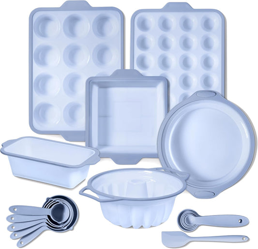 COOK WITH COLOR 17 Pc. Silicone Baking Pan Set - Non-Stick & Easy Clean Silicone Muffin Pans for Baking with Sturdy Metal Frame for Stability, Flexible Cake Molds, Includes Measuring Cups and Spoons