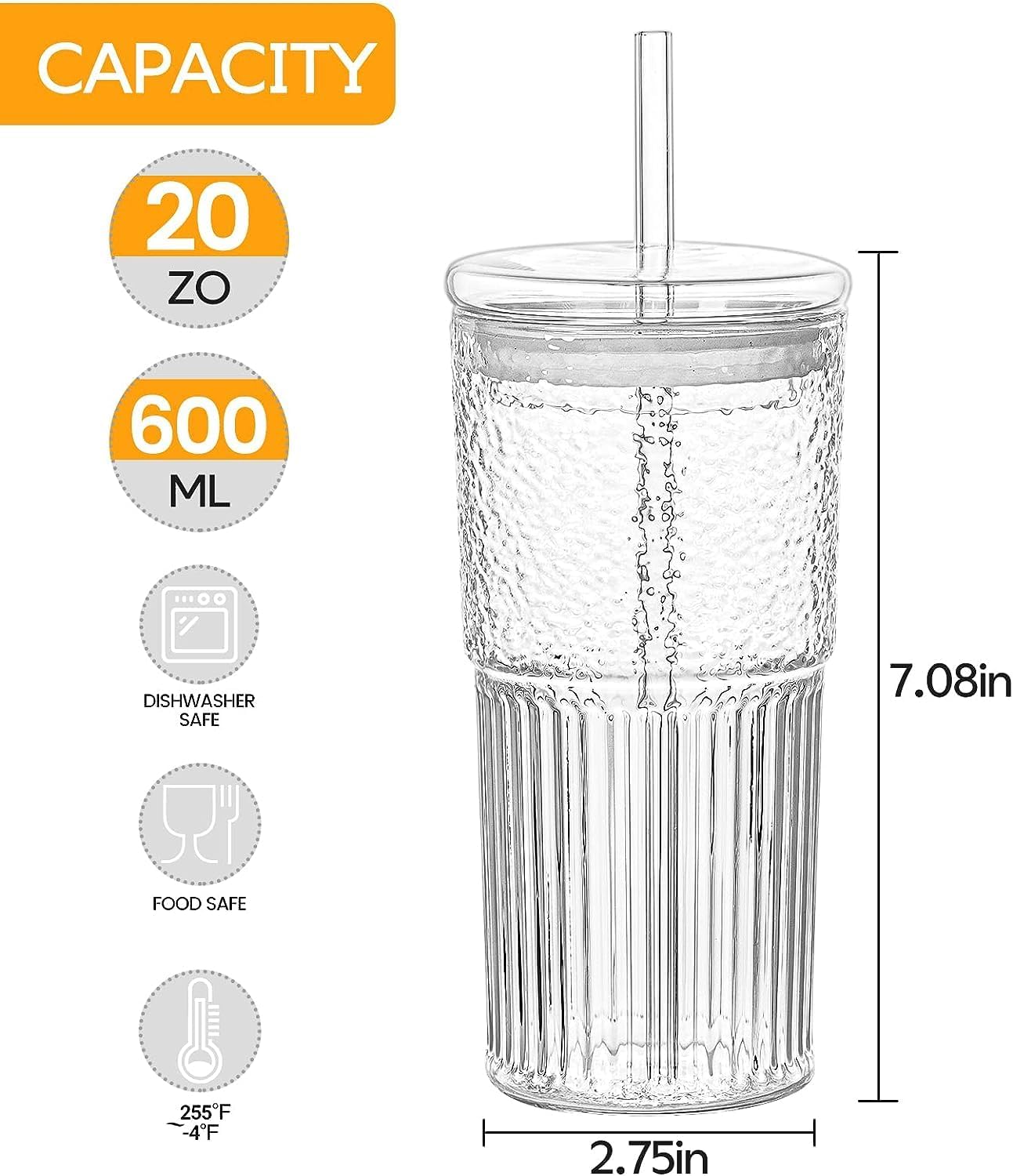 Glass Cups With Lids and Glass Straws，20 OZ 4pcs High Borosilicate Glass Tumbler Iced Coffee Water Smoothie