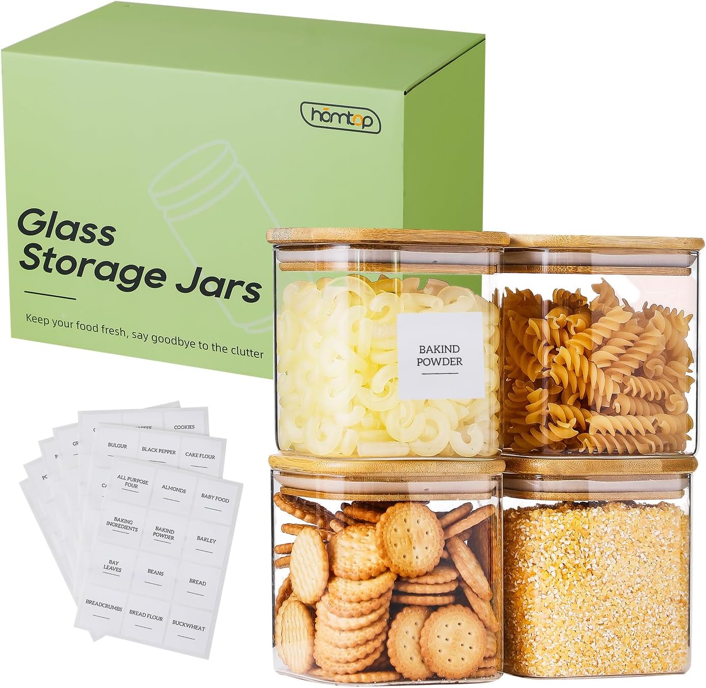 Glass Food Storage Containers with Lids 4 Pack, 4 Inch Wide Mouth 25 Oz High Borosilicate Glass Jars for Coffee Bean, Candy, Cookie, Flour, Square