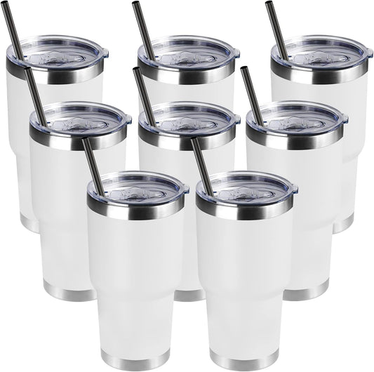 DOMICARE 30oz Tumbler Bulk with Lid and Straw, Double Wall Travel Coffee Mug, Insulated Vacuum Stainless Steel Tumblers, Powder Coated Tumbler Cup (White, 8)