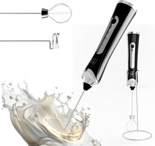 Rechargeable Handheld Milk Frother - Electric Foam Maker - Portable Coffee Frother Wand with 2 Heads - Stainless Steel Electric Whisk for Coffee, Latte, Cappuccino, Macchiato, Hot Chocolate (Black)