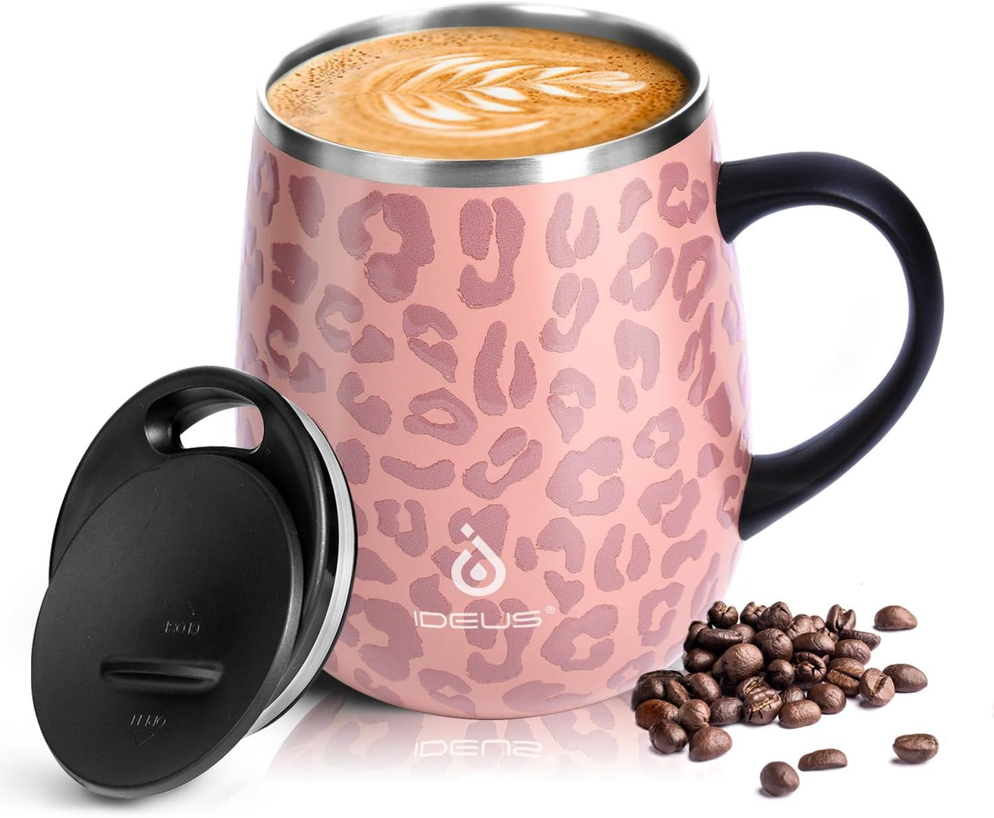 Ideus 16 oz (470 ml) Insulated Coffee Mug with Handle and Lid, Double Wall Stainless Steel Vacuum Thermal Coffee Mug, Travel Coffee Cup Thermal Cup for Home and Office, Leopard Pink