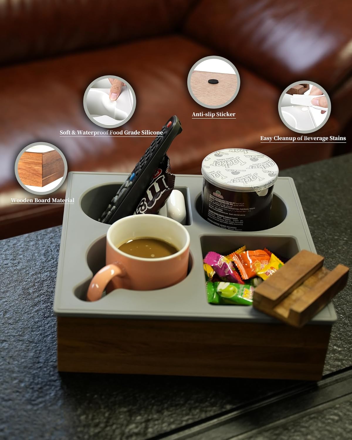 Couch Cup Holder Tray, Soft Food Grade Silicone Acacia Wooden Couch Caddy for Bed Car Seat Beach Organizer, Waterproof Anti-Spill Couch Drink Holder for Snacks Beverage Remote (Black)