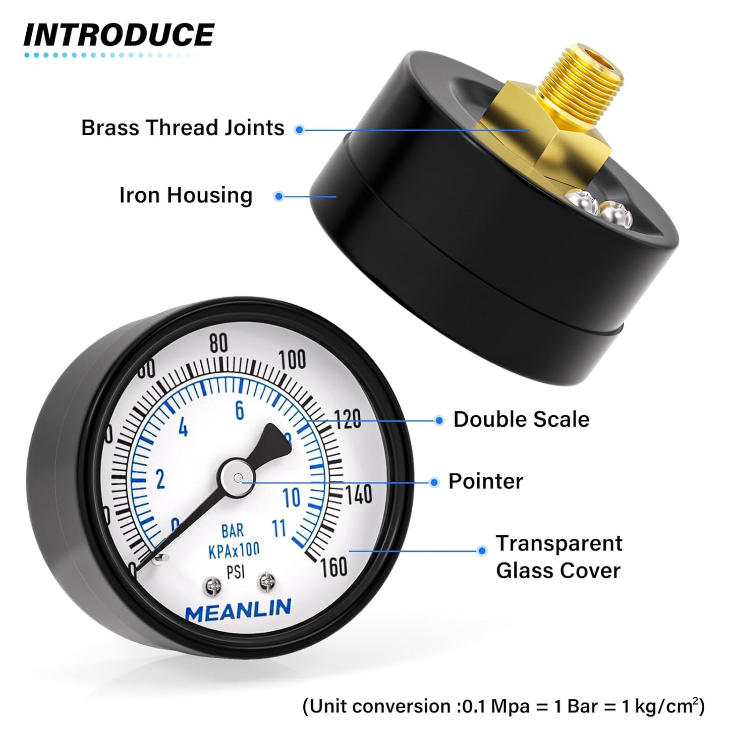 MEANLIN MEASURE 0-160Psi 2" DIAL FACE 1/8" NPT Well Pump Pressure Gauge, with 1/4" NPT and 3/8" NPT Hex Bushing, 3-2-3% Accuracy, Center Back Mount