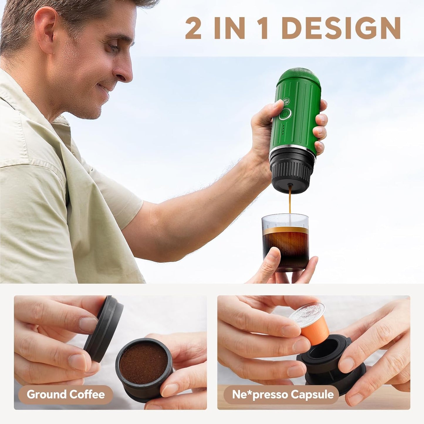 Fast self-heating Portable Electric Espresso Coffee Maker, 2 IN 1 Extraction Espresso Machine, Support Ground Coffee and NS capsule, for Travel,Car,Hiking,Climbing（Green） Rich Crema