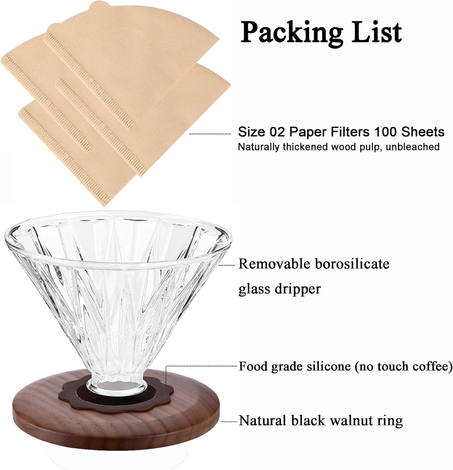 Glass Coffee Dripper with 100 pcs of Size 02 Paper Filter, Borosilicate Glass & Walnut Collar, Pour Over Coffee Maker, 1-3 Cups, Clear