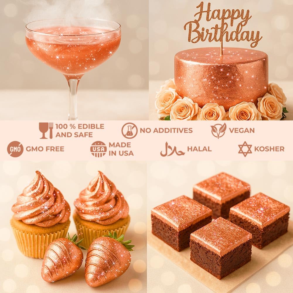 Bulk (20g) Rose Gold Edible Glitter for Drinks Edible Glitter for Cakes, Drink Glitter Brew Glitter Rose Gold Edible Glitter Cake Decorations Edible Rose Gold Glitter for Strawberries Cocktail Glitter