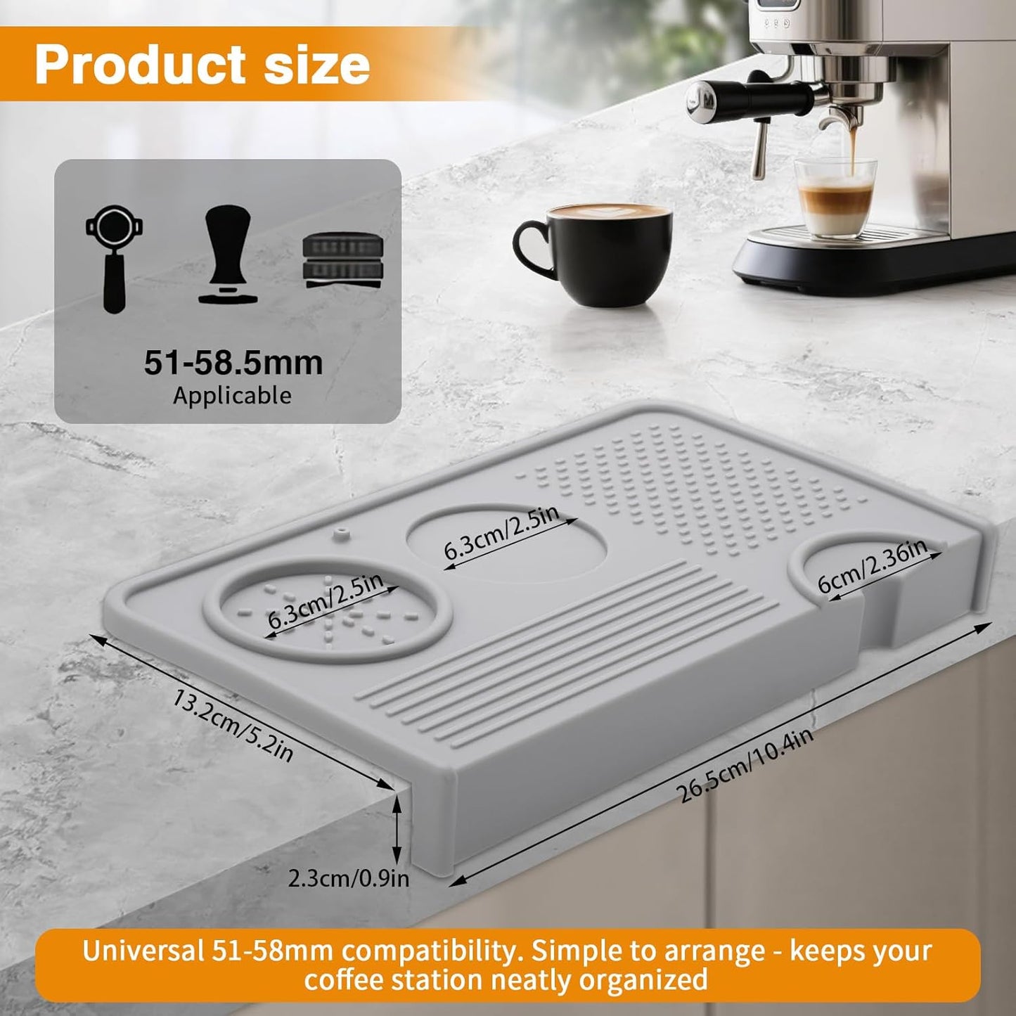 Espresso Tamping Mat, Coffee Tamper Mat, 10.4×5.6 In Silicone Coffee Matt for Counter, Espresso Machine Accessories, Waterproof and Heat Resistant Tamp Mats for Espresso Coffee Station(Grey)