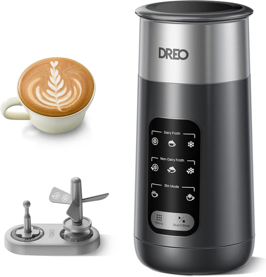 DREO 8-in-1 Milk Frother, Electric Stainless Steel Frother for Latte Art Microfoam and Coffee, 9oz/270ml Warm and Cold Foam Automatic Frothers, LED, Easy to Clean