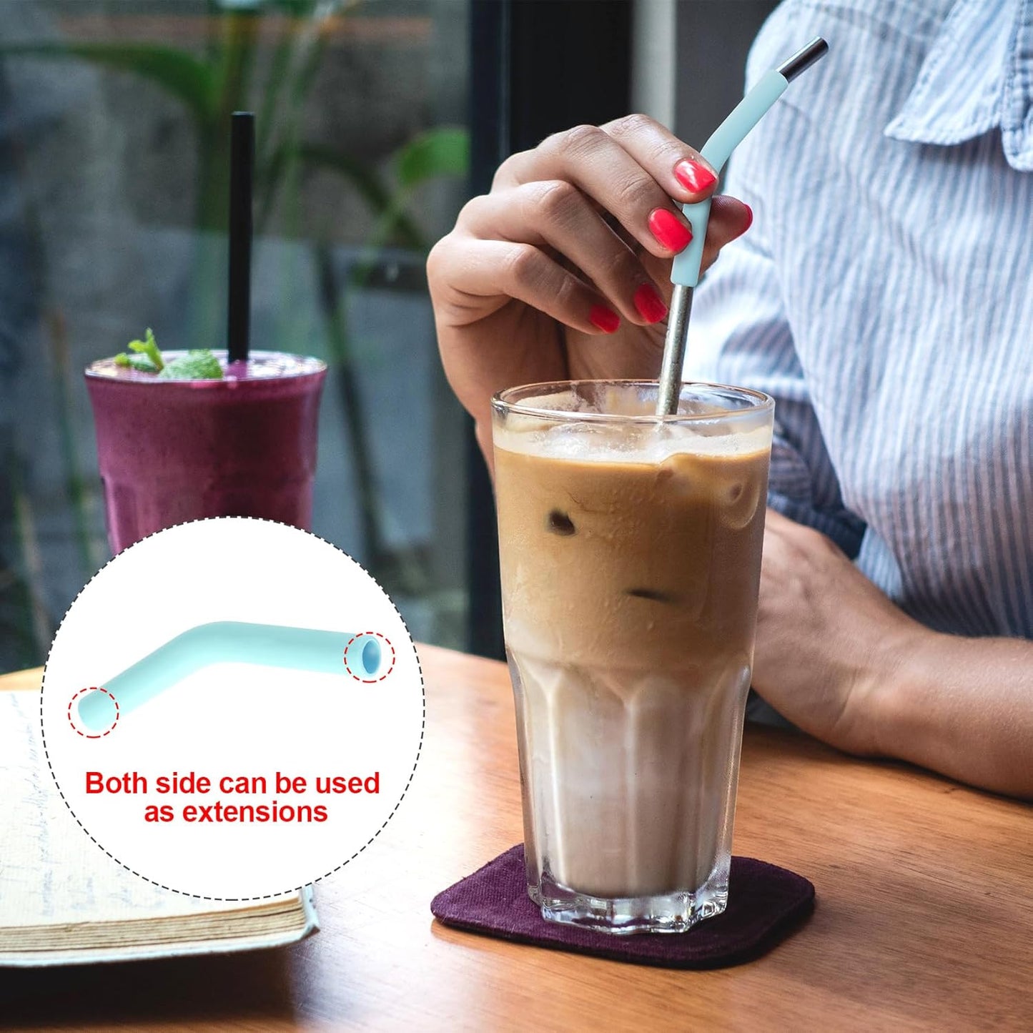 6Pcs Metal Straw Silicone Tips 5/16 IN Wide(8mm Outer Diameter) Food Grade Rubber Straw Covers Light-Blue Flex Elbow Replacement Tip for Stainless Steel Metal Straws