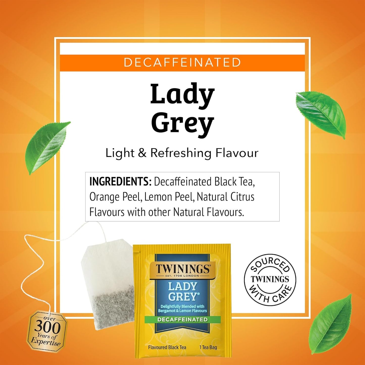 Twinings Decaffeinated Lady Grey Black Tea Individually Wrapped Bags, 20 Count (Pack of 6), Orange Peel & Lemon Peel, Enjoy Hot or Iced, 120 Teabags