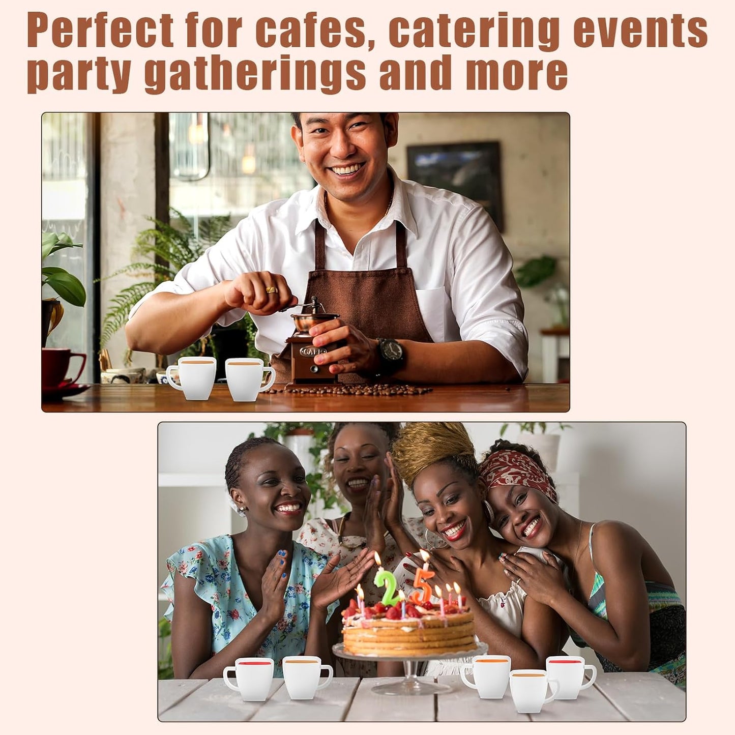 Amyhill 100 Pcs Disposable Tea Cups Mini Plastic Tea Cup Bulk with Handle Hard Plastic Coffee Mug Disposable Square Espresso Mug for Party Catering (White)