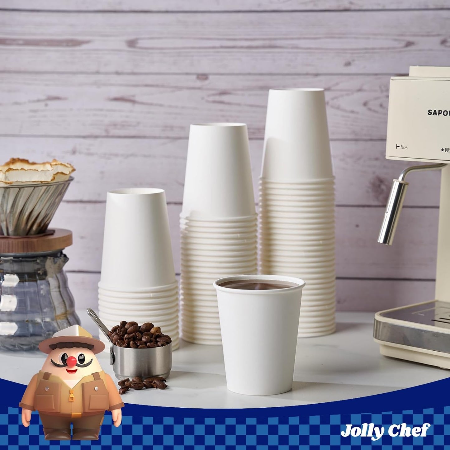 JOLLY CHEF 400 Pack 8 oz Paper Coffee Cups, White Beverages Drinking Cups for Coffee, Water Juice or Tea, Suitable for Party, Picnic, Travel, and Events