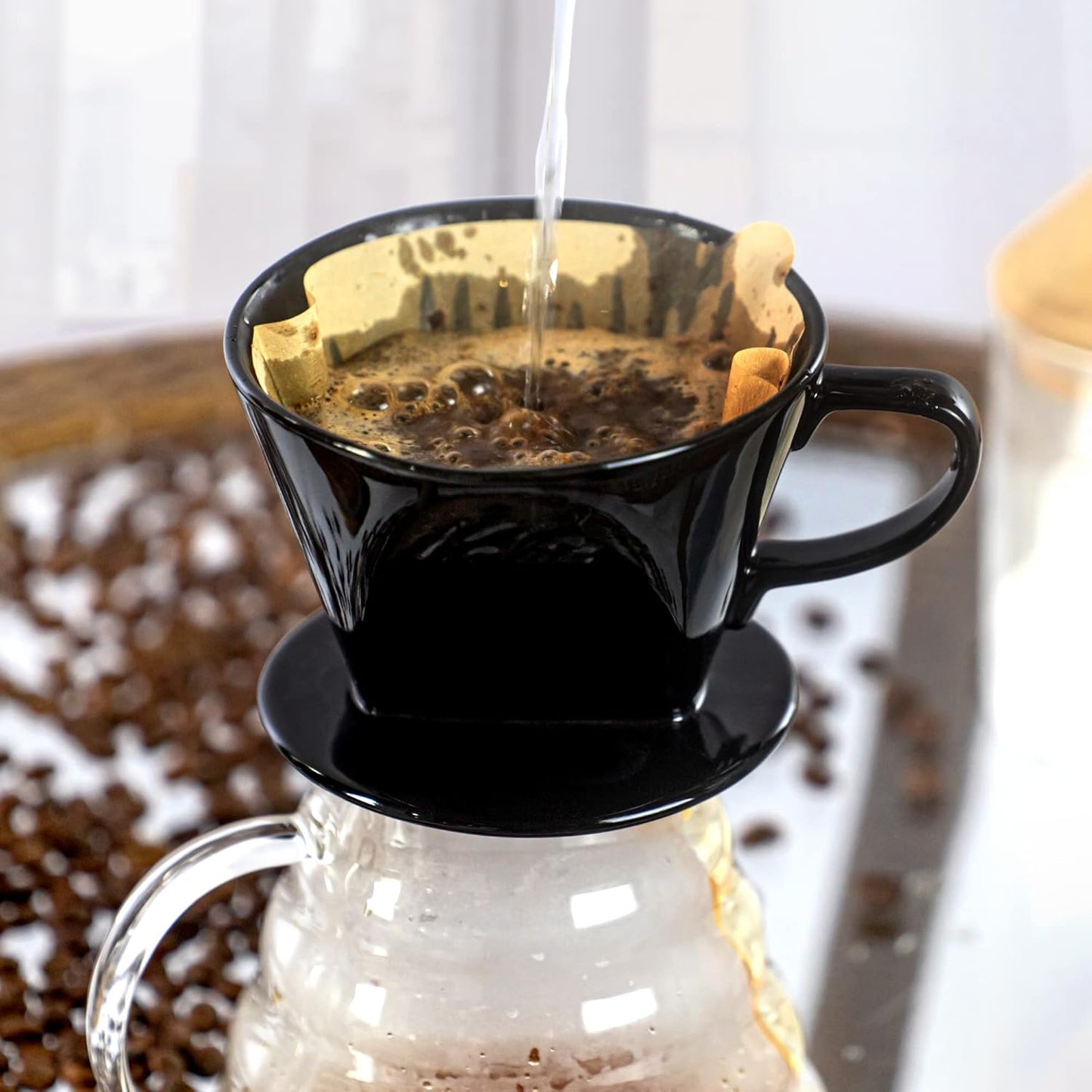 Pour Over Ceramic - Coffee Dripper Ceramic Coffee Maker with 3 Holes Flat Bottom, Porcelain Slow Filter Cone for Travel, Camping, Office, Home, Coffee Maker Brew