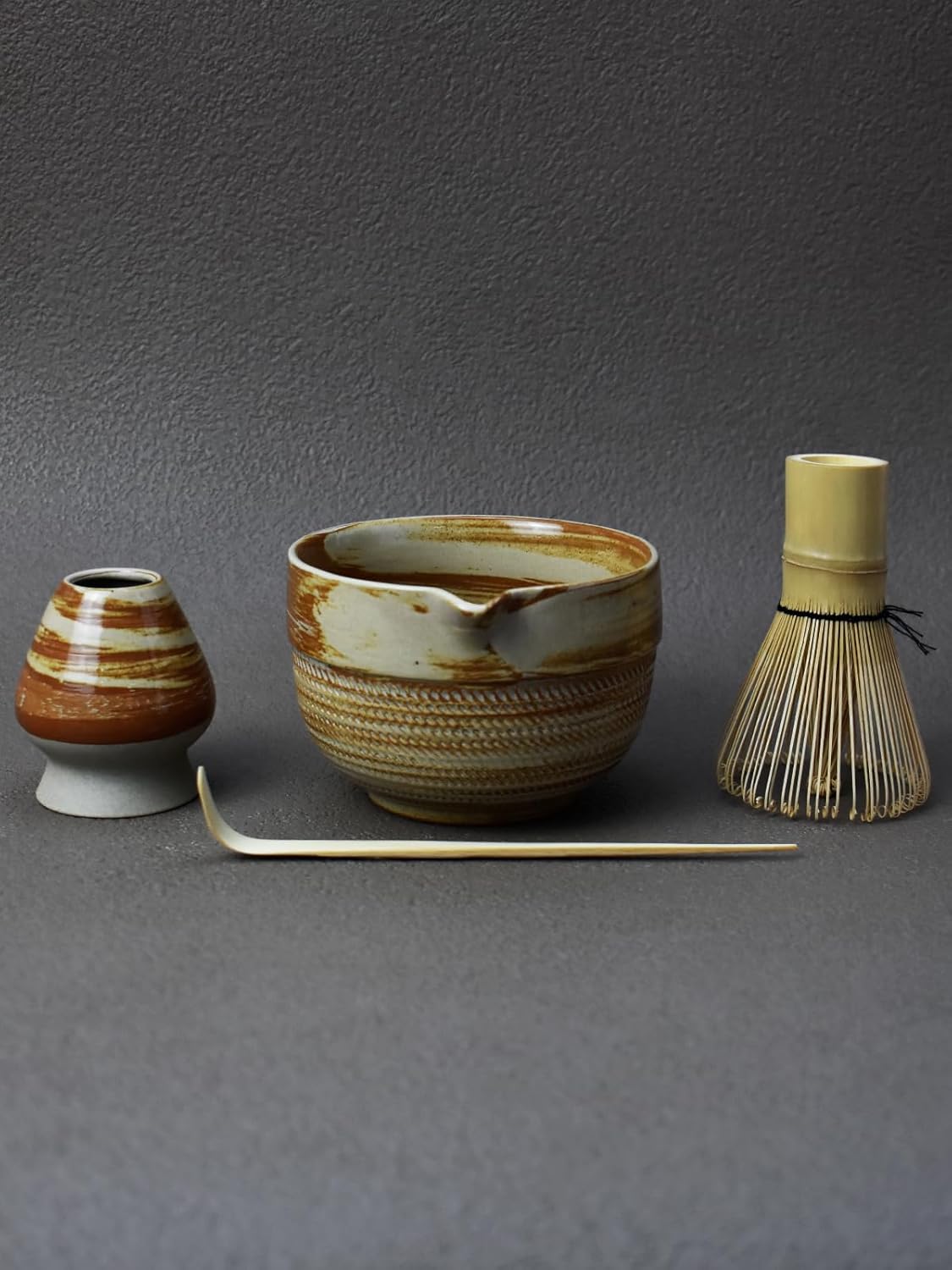 Matcha Tea Set – 4 Piece Traditional Japanese Matcha Kit with Beige & Brown Ceramic Spout Bowl, Whisk, Holder, Scoop & Guide – Authentic Tea Ceremony Set for Home Use