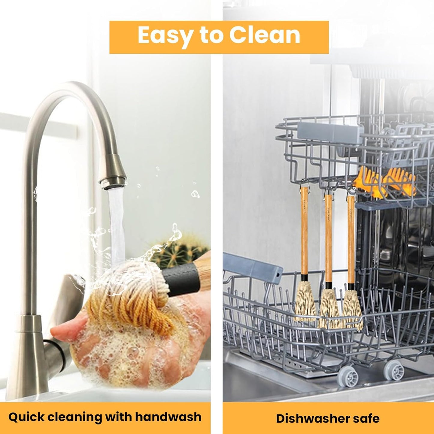 GEEKHOM Grill Basting Mop, Grilling Basting Mops Brushes with Long Wood Handle and Replacement Heads BBQ Sauce Brush for Barbecue Baking Smoking Roasting Steak Cooking, 18+14inch