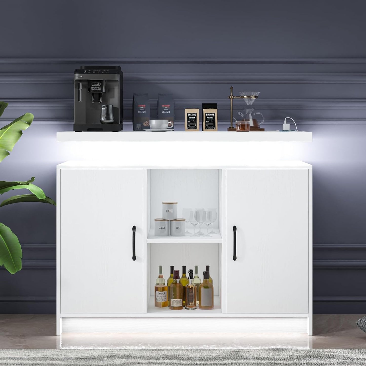 4 EVER WINNER Coffee Bar Cabinet with Led Lights, Buffet Cabinet with Floating Countertop, Modern Sideboard Buffet Cabinet with Charging Station for Living Room, Kitchen, White