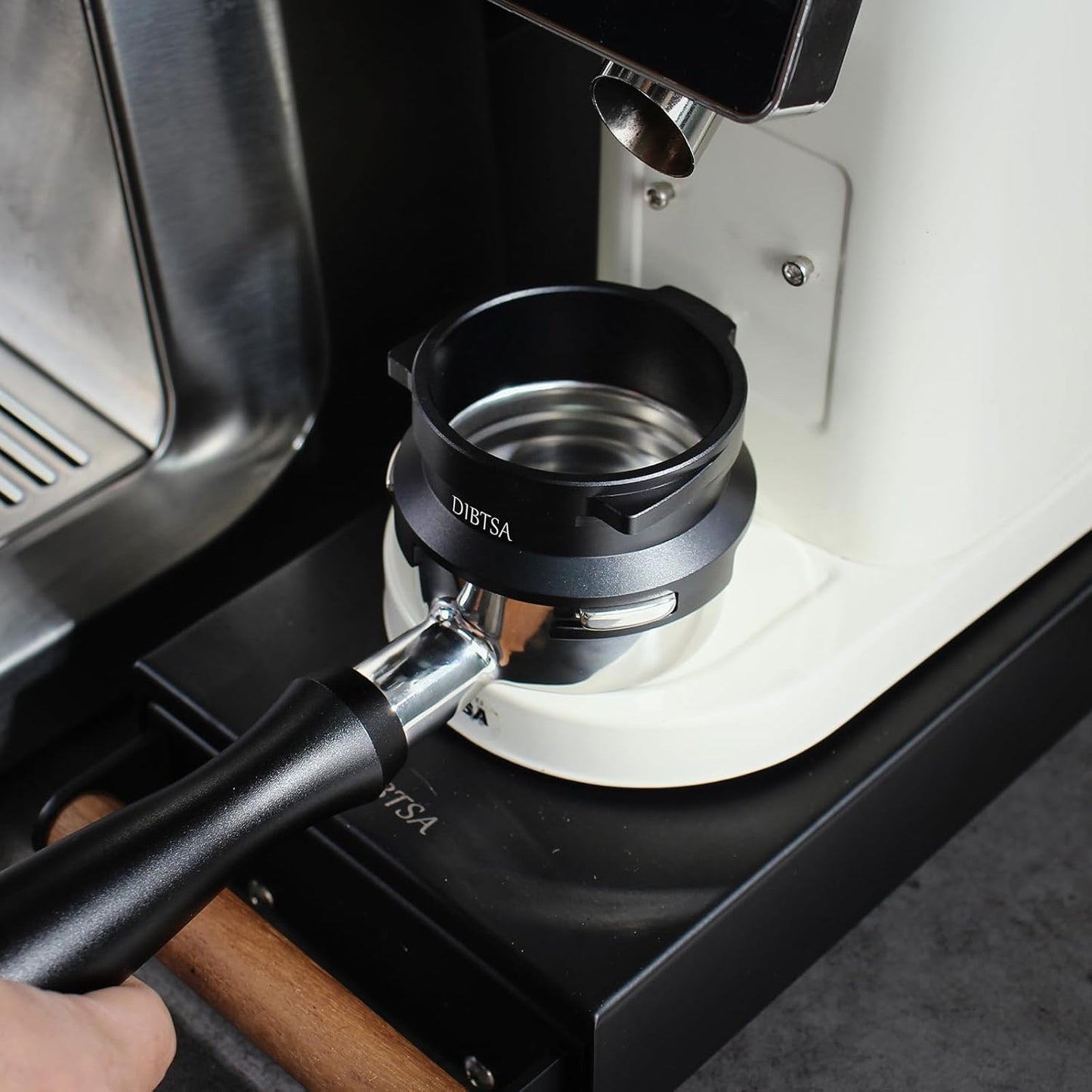 DIBTSA Espresso Dosing Funnel Compatible with Barsetto, Calphalon Temp IQ 58mm Portafilter, Aluminum Alloy, Black